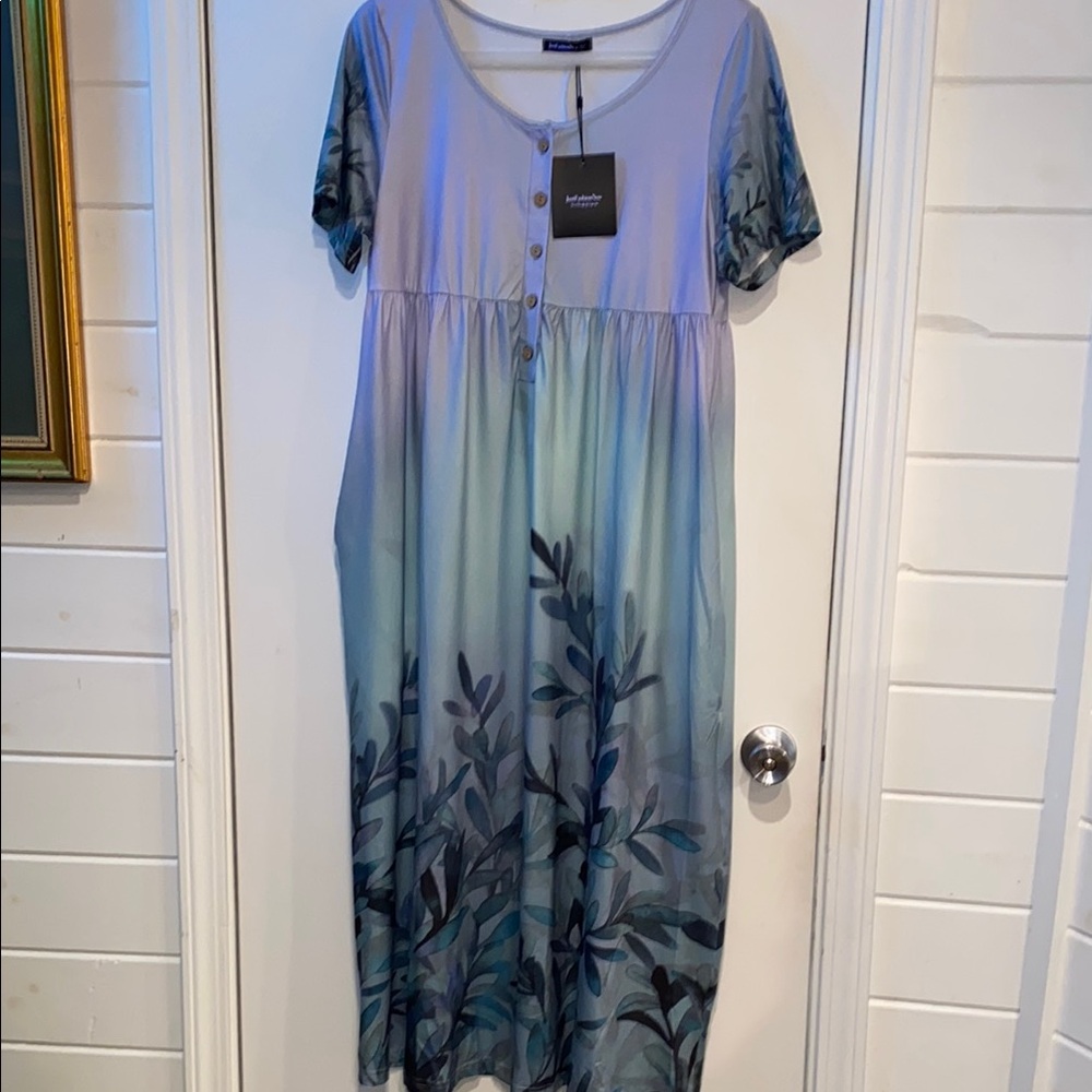 Blue and Purple Maxi Sundress with Short Raglan Sleeves and Scoop Neck